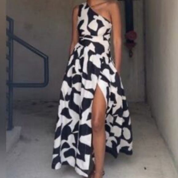 Abercrombie & Fitch Abstract One Shoulder Cut Out Maxi Dress Black White Size L - Picture 2 of 13